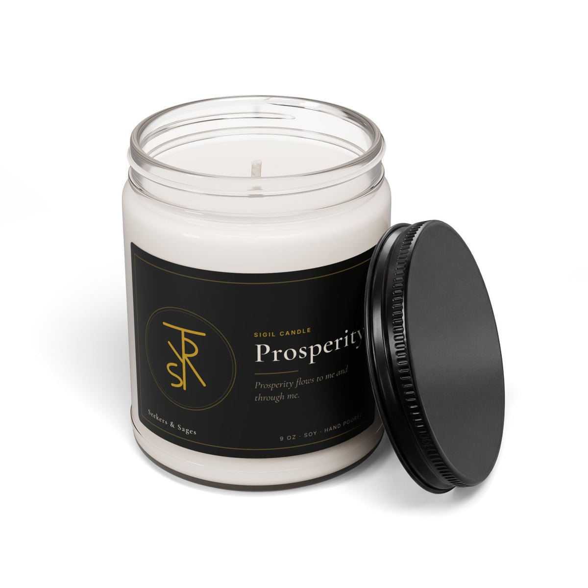 Prosperity soy candle 9 oz jar shown at an angle